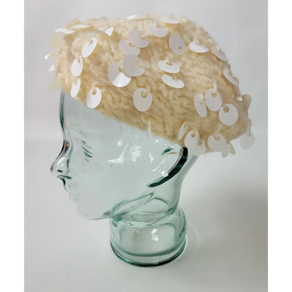 Vintage 1960s Hand Crocheted Virgin Wool Beret‎ White Sequin Cream Made in Japan - Picture 3 of 8